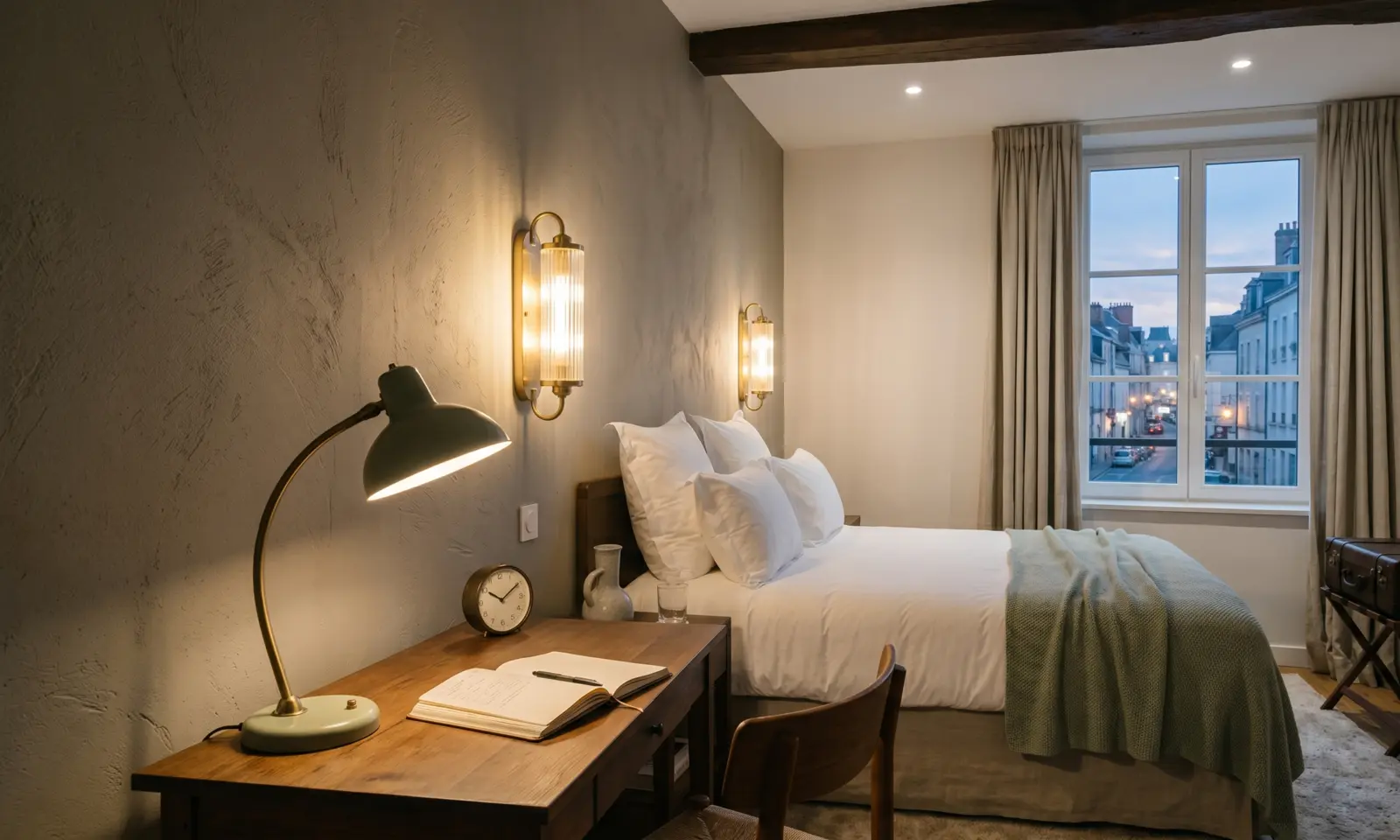 Illustration : chambre d'hôtel, éclairage en couches au chevet et en applique