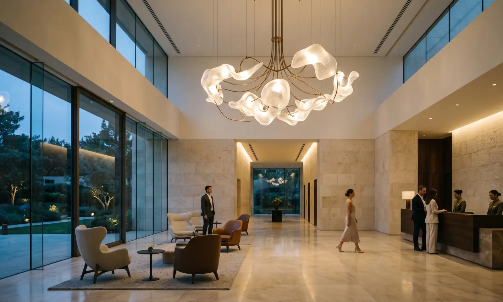 Illustration: modern hotel lobby with an organic glass chandelier
