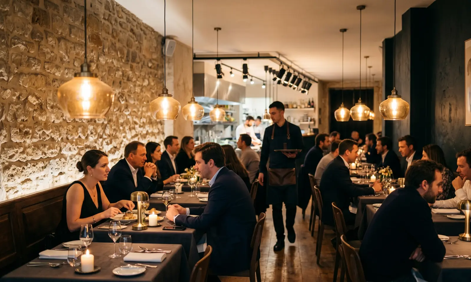 Illustration: lively restaurant under warm glass pendant lights