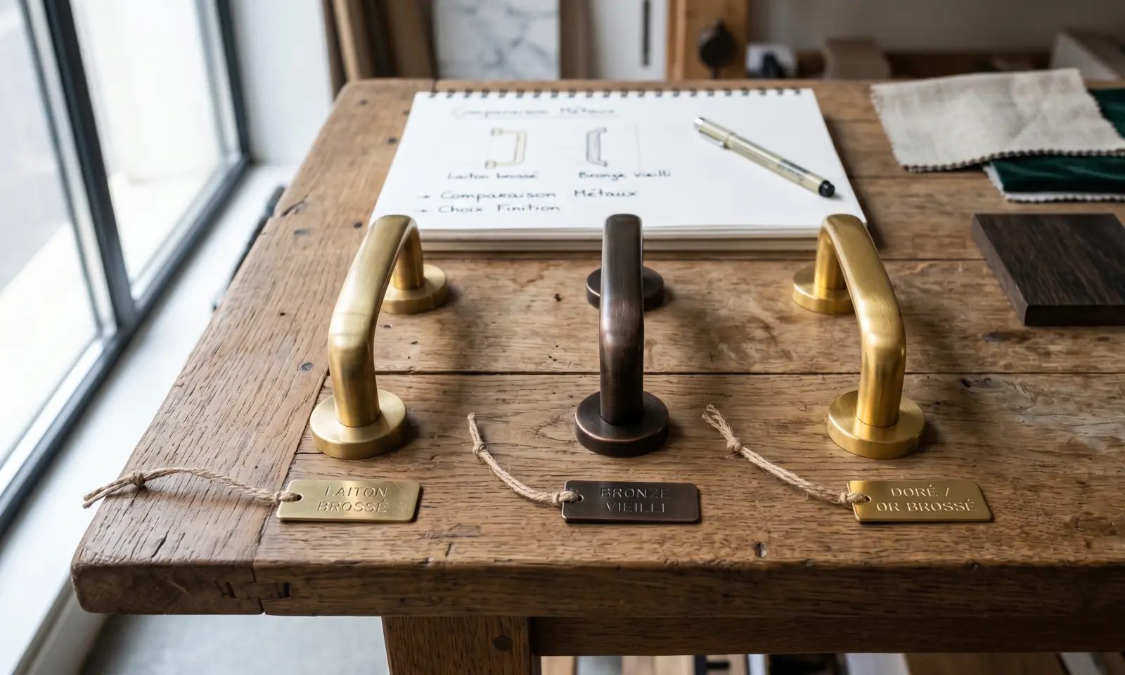 Illustration: metal finish samples, brushed brass, aged bronze and gold, laid out for specification